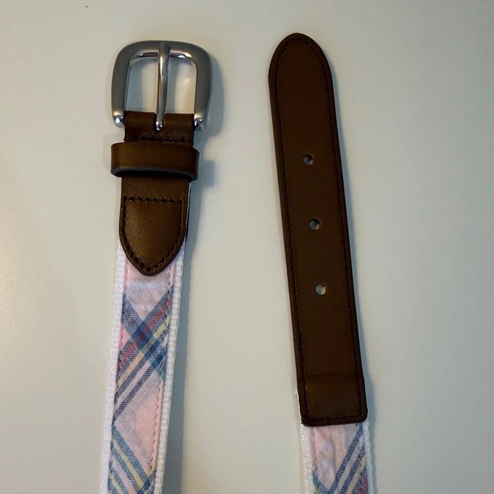 Janie and Jack Kids Belt - White Plaid Canvas Belt with Brown Leather Trim